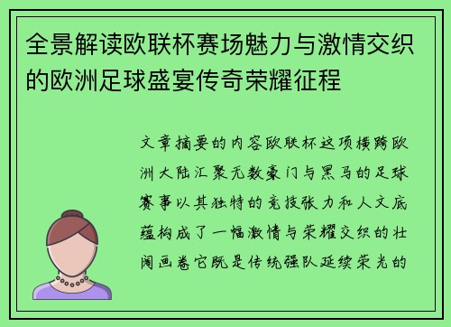 全景解读欧联杯赛场魅力与激情交织的欧洲足球盛宴传奇荣耀征程